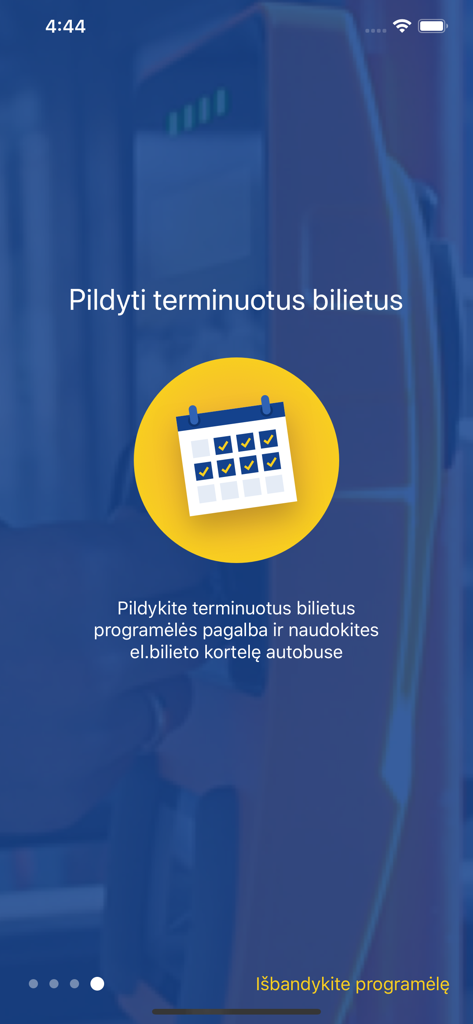 e.Ticket Klaipėda - A mobile app screen for managing and refilling public transit season tickets with a calendar icon