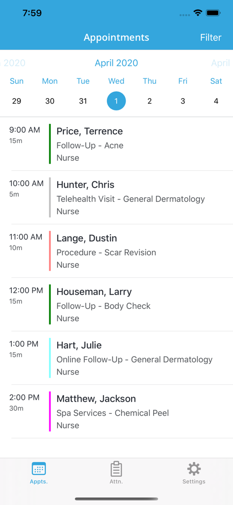 Nextech - Daily patient appointment list on the Nextech mobile EHR app schedule screen.