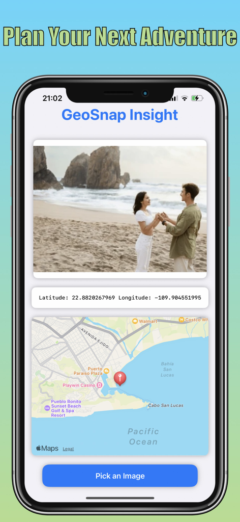 GeoSnap Insight - GeoSnap Insight app interface showing geographic coordinates and a map location for a beach photo.