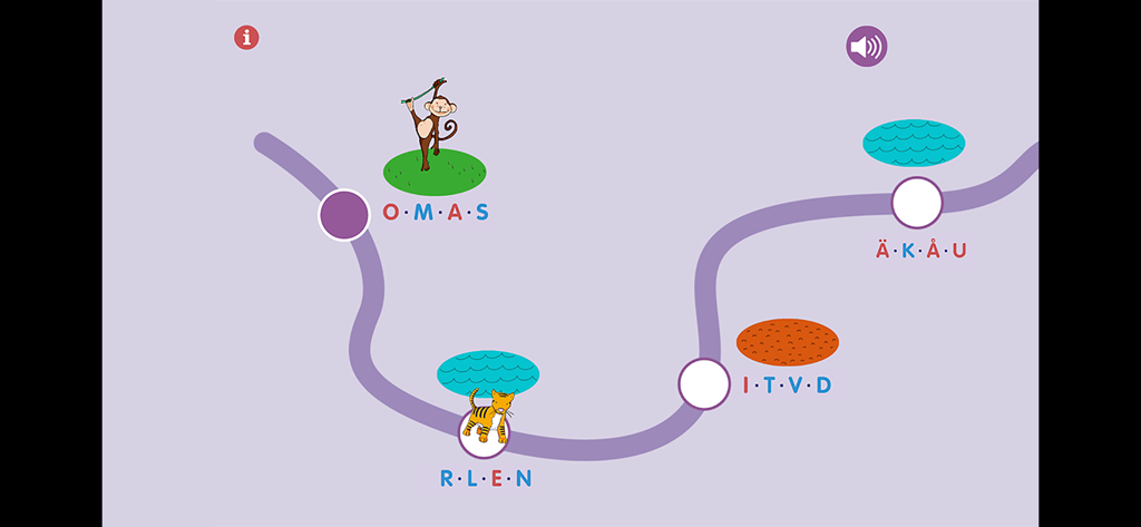 ABC-klubben: ABC-memo - Un mapa colorido que muestra grupos de letras y personajes animales para que los niños aprendan sueco.