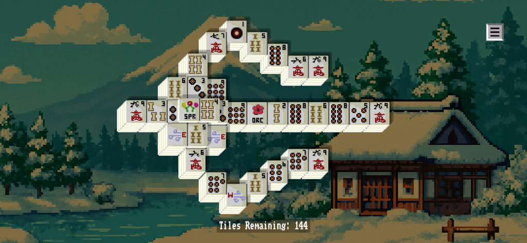 Leon's Mahjong retro pixel art gameplay featuring a tile layout over a snowy mountain and cottage background