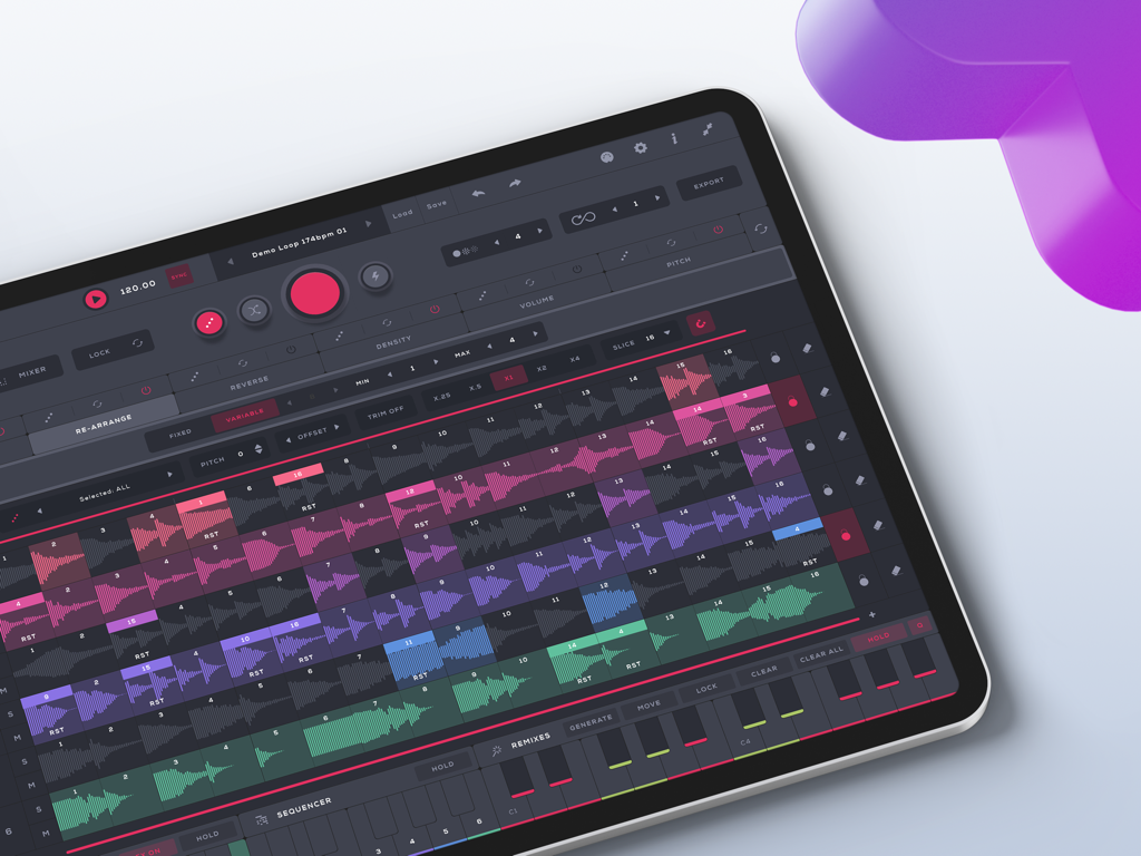 iPad上のLoopmix音楽制作アプリのインターフェイス。カラフルな波形とリミックスコントロールが表示されています。