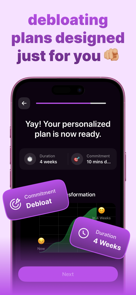 Interfaz de la aplicación Debloat AI que muestra un plan personalizado de desinflamación facial de 4 semanas.
