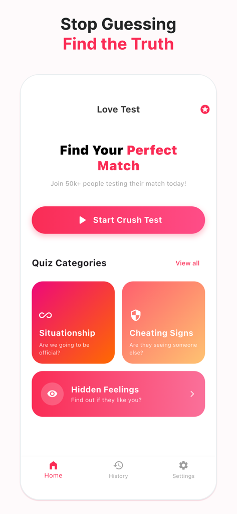 The home screen of the Love Test app showing quiz categories like Situationship and Hidden Feelings with a button to start the crush test