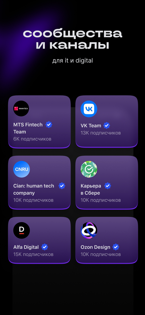Setka — career social network - Setka app screen displaying professional communities and channels for IT and digital industries