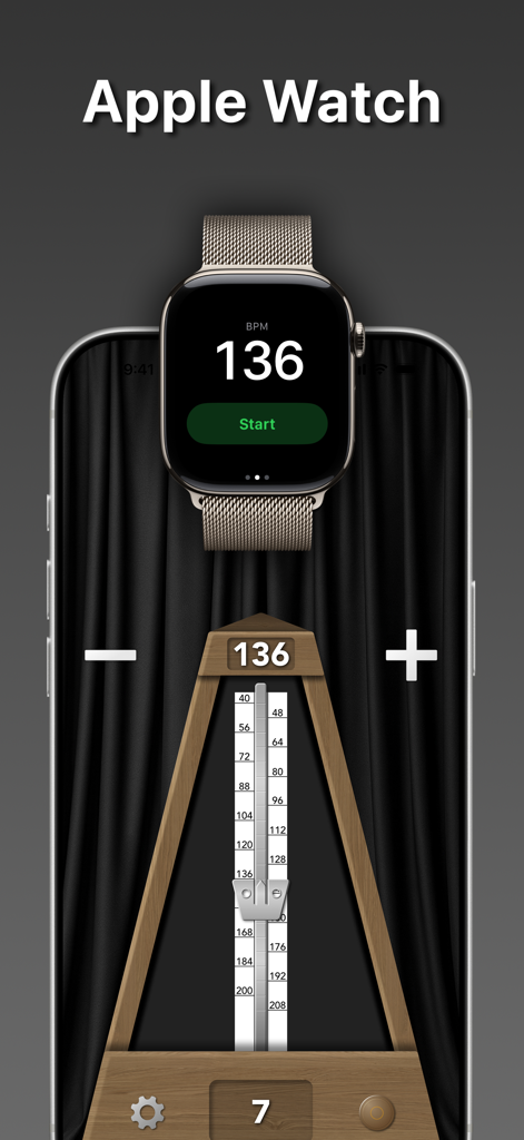 True Metronome - Interface da aplicação True Metronome exibida tanto no iPhone como no Apple Watch mostrando 136 BPM.