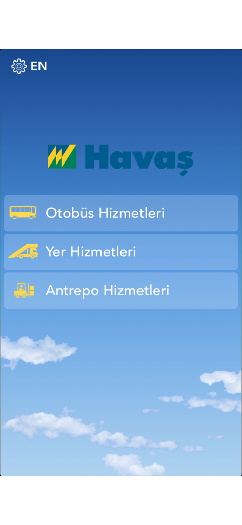 Havaş Mobile app home screen showing options for bus services ground services and warehouse services