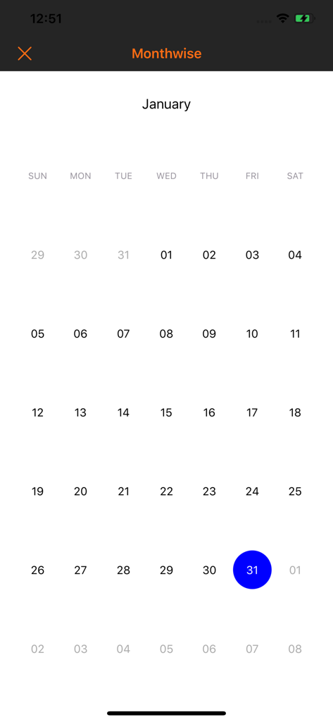 Push Ups Counter - Trainer - Vue du calendrier mensuel suivant les entraînements de pompes pour janvier