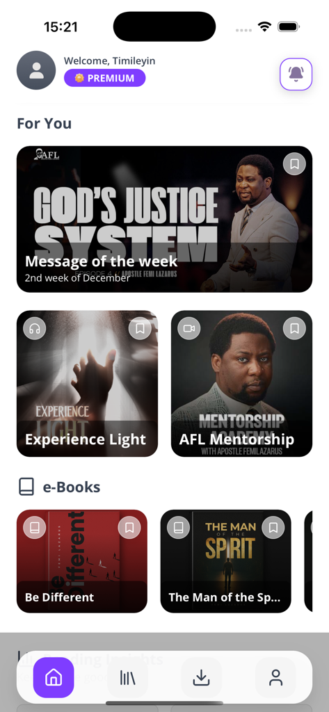 Femi Lazarus Digital Library - Écran d'accueil de l'application Bibliothèque Numérique Femi Lazarus présentant les messages et ebooks en vedette