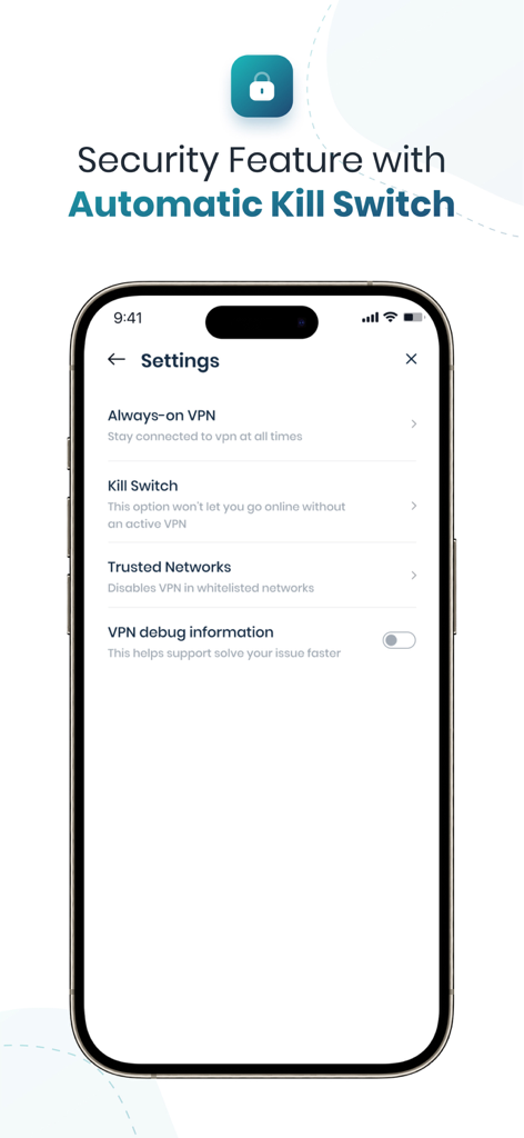 CopVPN - Fast & Secure VPN - Interfaz de la aplicación móvil CopVPN que muestra la función de seguridad de interruptor de apagado automático en un iPhone.