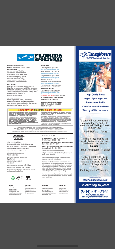 Florida Sportsman Magazine - Credits and subscription information page from the Florida Sportsman Magazine app