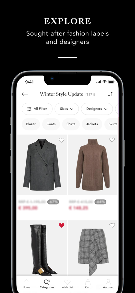 Interface do aplicativo móvel BESTSECRET mostrando itens de moda de designer com desconto e filtros de compras
