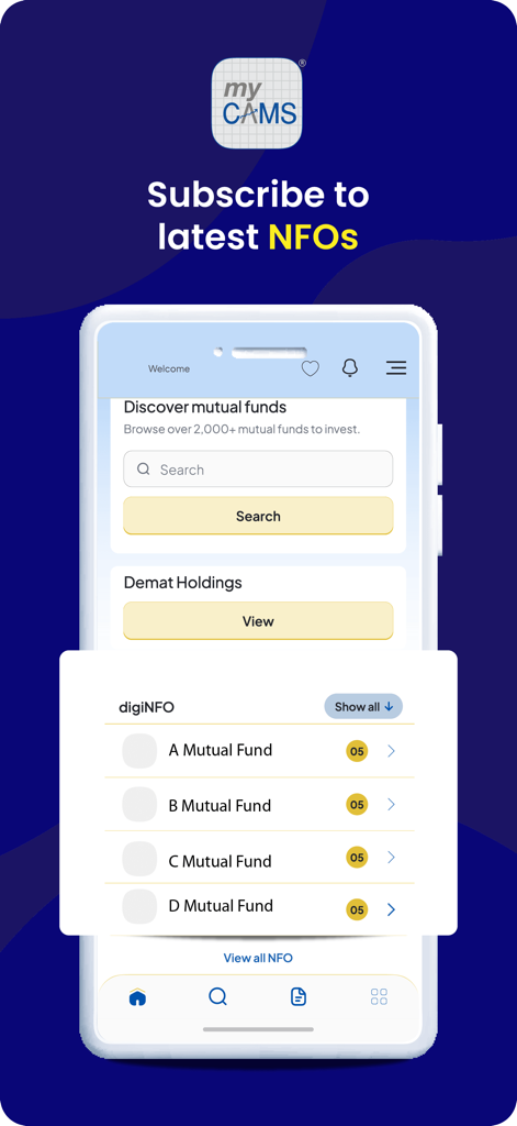 myCAMS Mutual Fund App - Benutzeroberfläche der myCAMS-App, die die Suche nach Investmentfonds und Optionen zur Zeichnung von neuesten Neuemissionen anzeigt