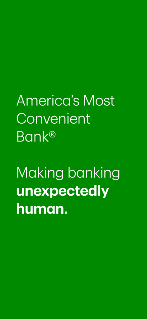 Schermata di avvio di TD Bank USA con lo slogan Americas Most Convenient Bank e Making banking unexpectedly human su uno sfondo verde solido.
