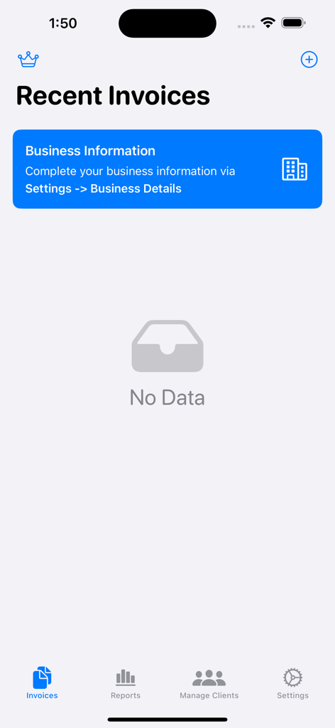 ビジネス詳細の追加を促すメッセージが表示された空のダッシュボードを示す、Simple Invoice Makerアプリの最近の請求書画面。