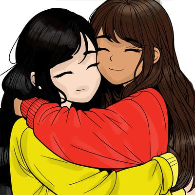 realistic two girls hugging