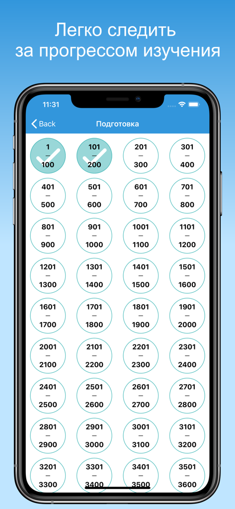 MedikTest app screenshot showing a grid of question blocks with progress tracking indicators for medical exam preparation.