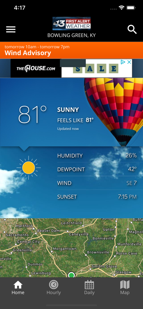WBKO First Alert Weather app displaying current sunny conditions and wind advisory for Bowling Green Kentucky