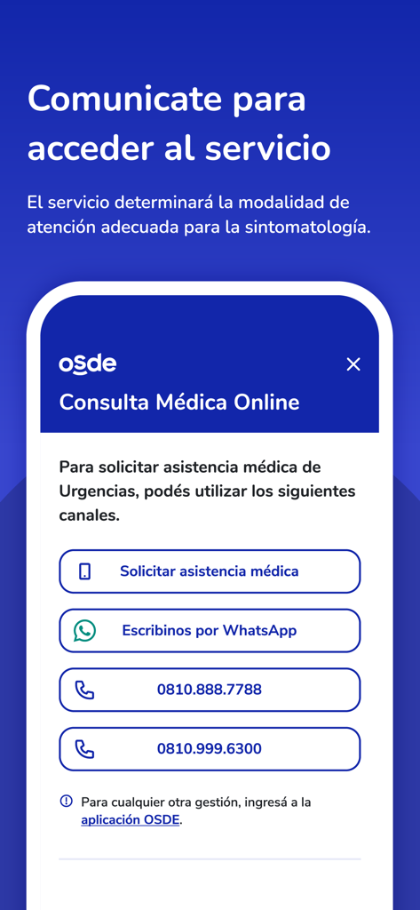 CMO (OSDE) - Interface of the CMO OSDE app showing buttons to contact emergency medical assistance via phone or WhatsApp
