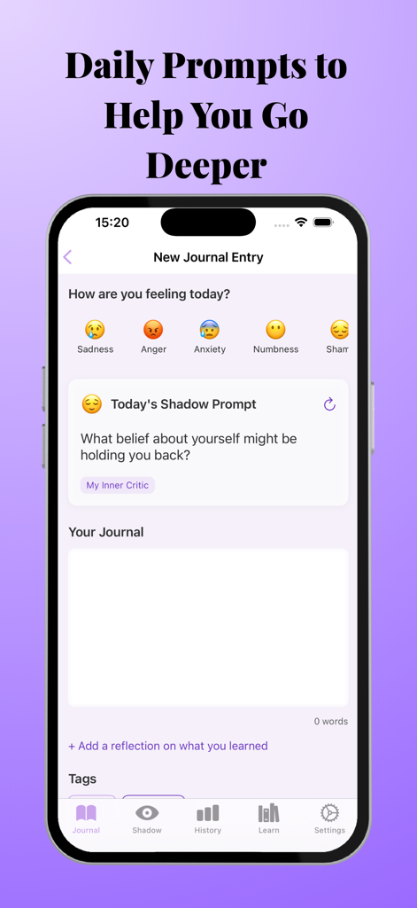 Shadow Work Journal - Shadow Work Journal app interface showing a daily reflection prompt and mood tracking emojis.