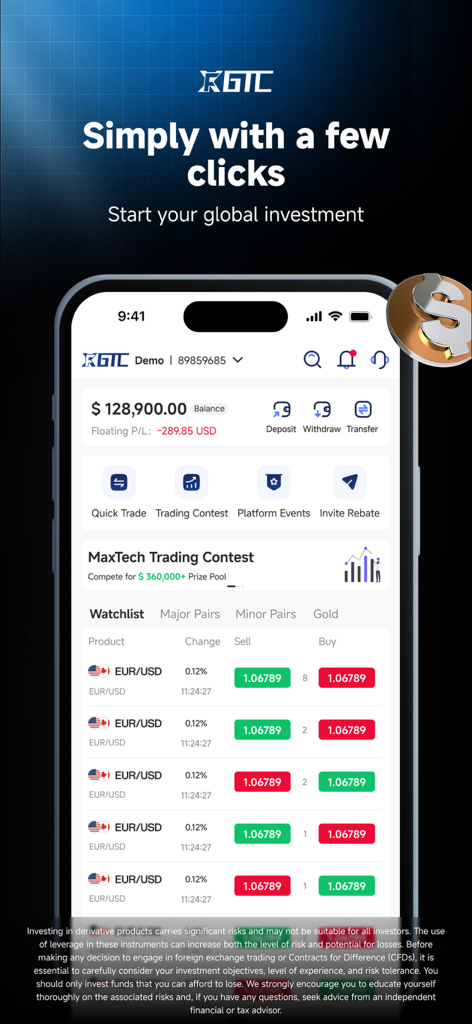 GTC Go - GTC Go app dashboard on an iPhone showing account balance and live forex currency pairs