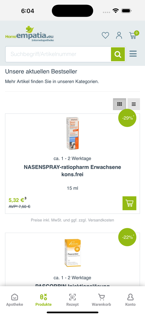 homoempatia.eu - German online pharmacy app homoempatia.eu showing current bestseller health products like nasal spray