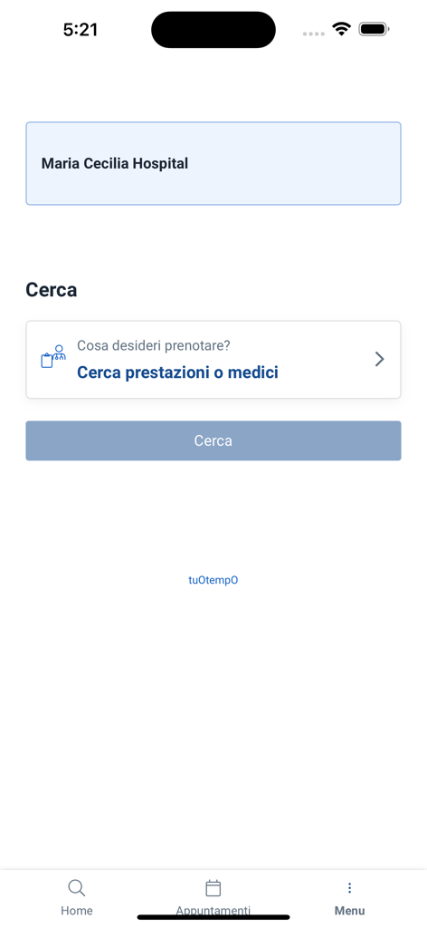 My GHC - Captura de pantalla de la pantalla de búsqueda de la aplicación móvil My GHC mostrando opciones para reservar servicios en el Hospital Maria Cecilia
