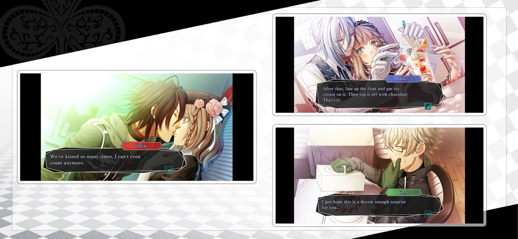 Gameplay screenshots of Amnesia Memories Premium Edition featuring romantic scenes with male characters Shin Ikki and Kent