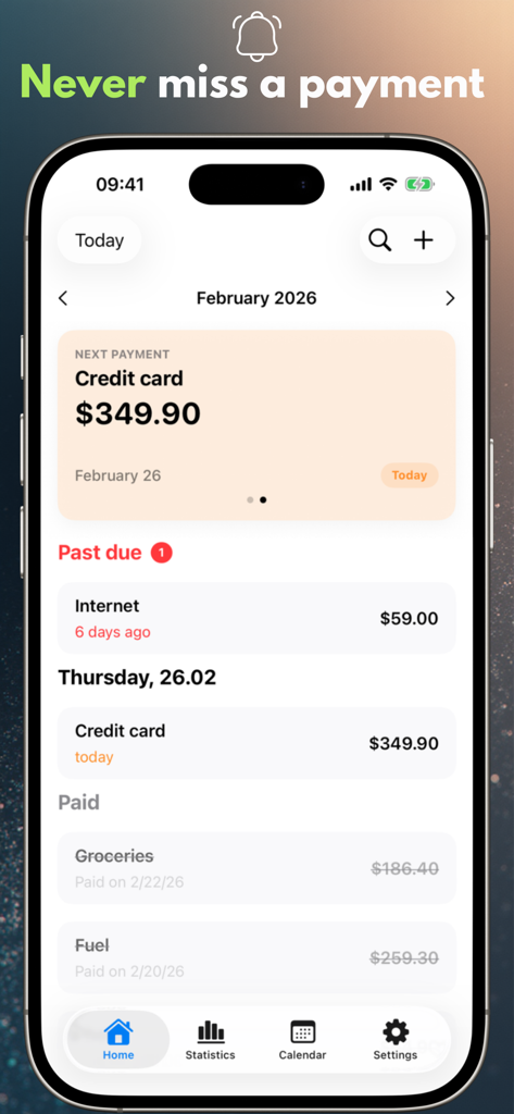 Payment Calendar: Bill Tracker - Payment Calendar bill tracker home screen showing upcoming credit card payment and past due internet bill.