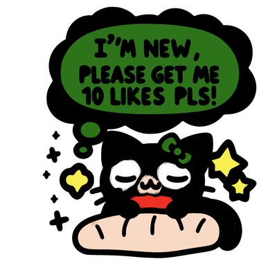 kitty taking a nap dream talking and saying "i'm new, please get me at least 10 likes pls!!"