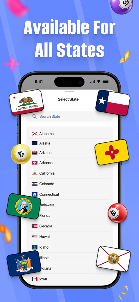 Lottery Ticket Scanner ⁃ Lotto - Mobile app screen showing selection of US states for lottery results