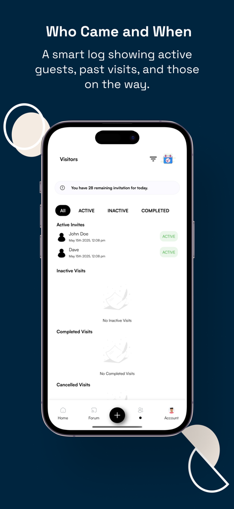Startimes Estate - Exibição de smartphone mostrando a interface de gerenciamento de visitantes do Startimes Estate com um registro de visitas de convidados ativas e passadas