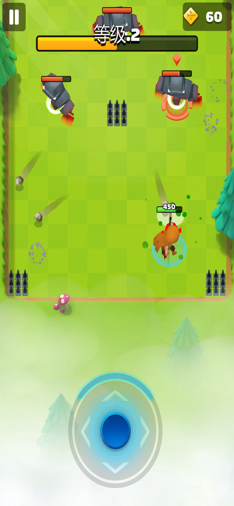Archer Hunter - Adventure Game - A top down view of an archer character battling stone monsters in a green dungeon arena