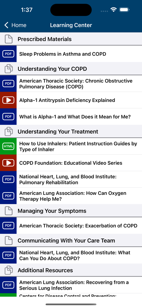 La pantalla del Centro de aprendizaje de la aplicación COPD Manager que enumera recursos educativos médicos y guías para pacientes.