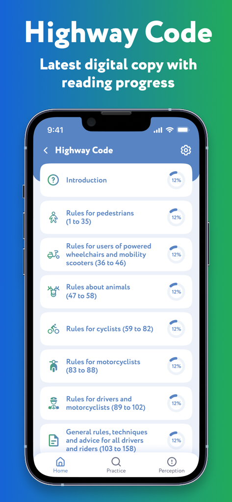 Driving Theory Test Kit – 2025 - Interface digital do Código da Estrada com regras categorizadas e círculos de progresso de leitura para preparação para o teste de condução do Reino Unido