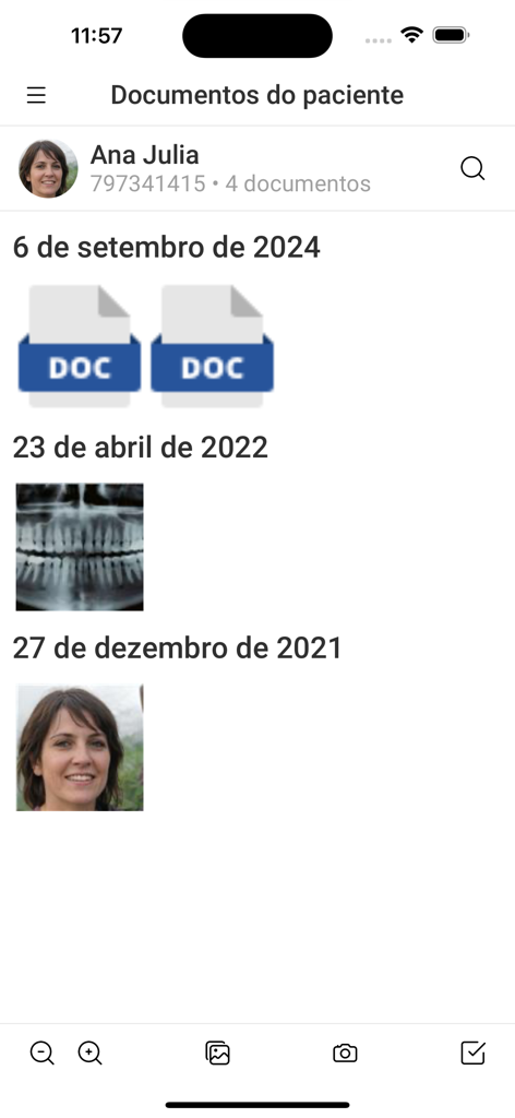 Interface móvel mostrando documentos clínicos do paciente, incluindo raios-X dentários e registros.