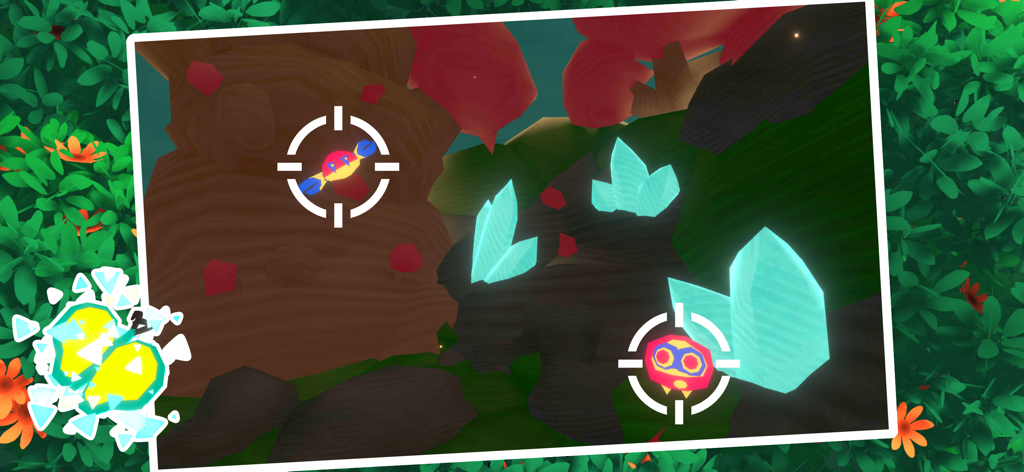 Xenon Crowe - Uma visão em primeira pessoa de mirar em insetos alienígenas coloridos em uma paisagem rochosa com cristais azuis brilhantes