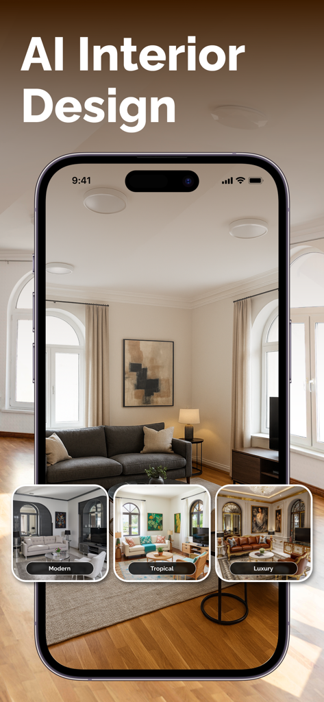 Application de design d'intérieur IA montrant des styles de salon modernes tropicaux et luxueux