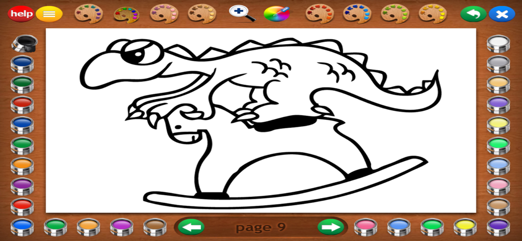 A coloring page from the Little Monsters app featuring a monster on a rocking horse surrounded by colorful paint options