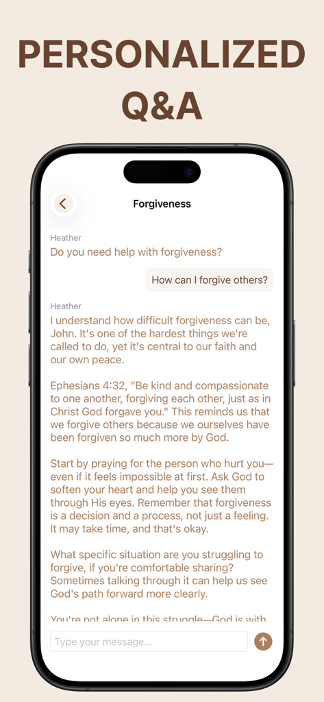 Pantalla de la aplicación Heather que muestra un chat bíblico personalizado sobre el perdón, incluyendo referencias de las escrituras