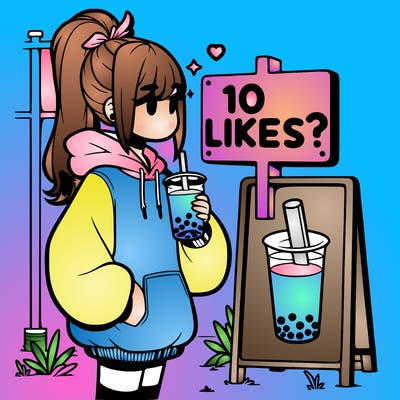 girl with oversized hoodie drinking boba and she has a high ponytail with a sign that says 10likes?