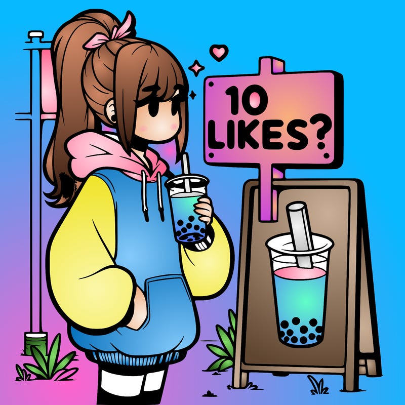 girl with oversized hoodie drinking boba and she has a high ponytail with a sign that says 10likes?