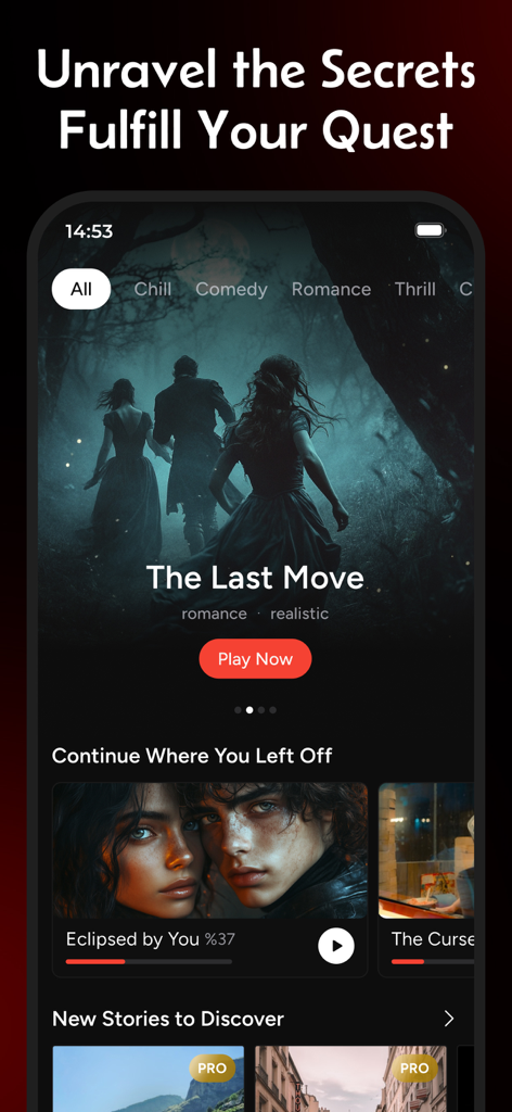Story AI - AI Story Generator - Pantalla de inicio de la aplicación Story AI que muestra tarjetas de historias de romance y suspenso interactivas.