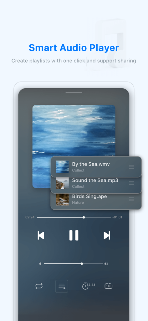 Lecteur audio intelligent dans l'application FEB montrant la gestion des listes de lecture et les commandes de lecture de musique