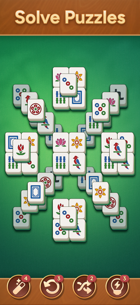 Mahjong Bloom - Rompecabezas del juego móvil Mahjong Bloom con losetas florales sobre un fondo verde.