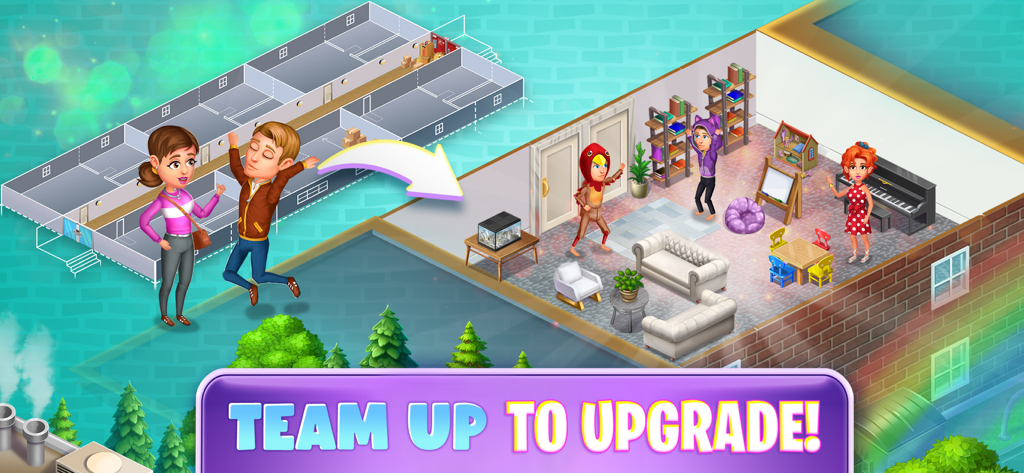 A happy couple celebrating a home upgrade in the Virtual Families mobile game showing a furnished living room with children playing