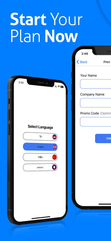 Two iPhone screens showing the language selection and account setup process for the CheckinMe HR solution app