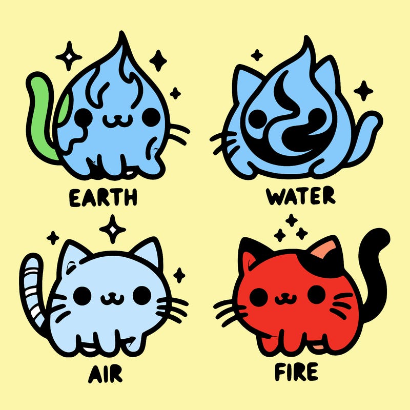 4 cats that represent the different elements, earth, water, air, and fire