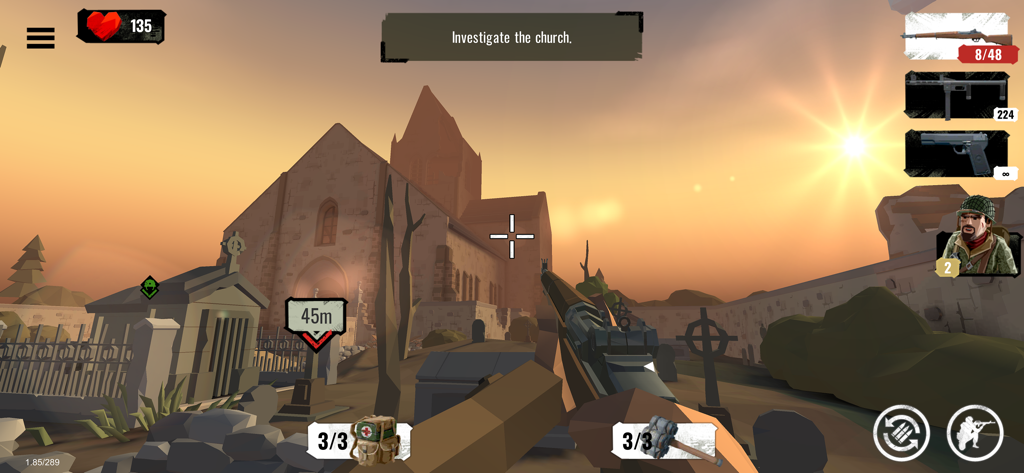 World War Polygon- WW2 shooter - Vista en primera persona de la jugabilidad de World War Polygon mostrando a un soldado acercándose a una iglesia en estilo low poly
