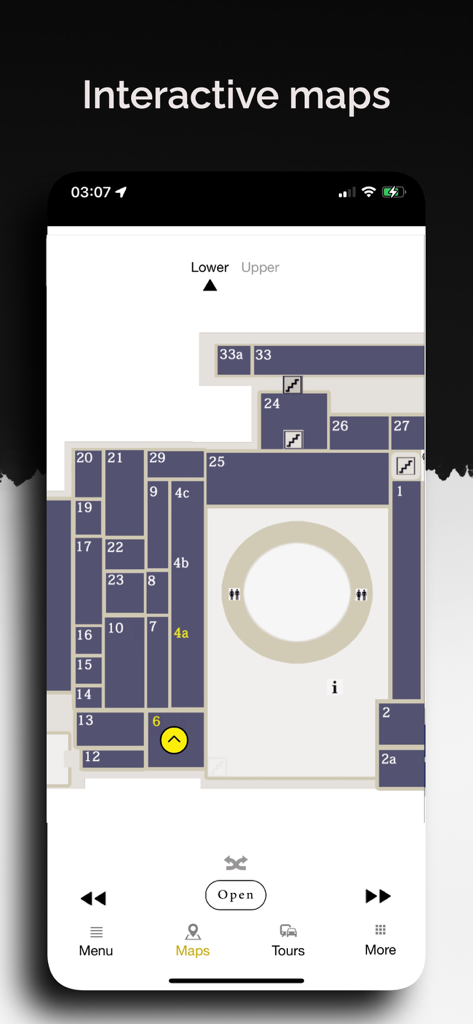 Captura de pantalla de la aplicación Guía del Museo Británico que muestra un mapa interactivo del piso con habitaciones numeradas y menú de navegación.